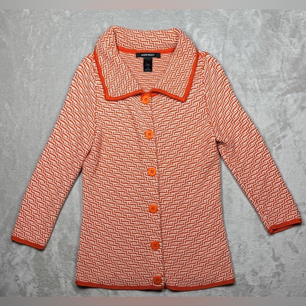 Ellen Tracy Orange Silk Cotton Blend Button Front Collared Cardigan Sweater XS